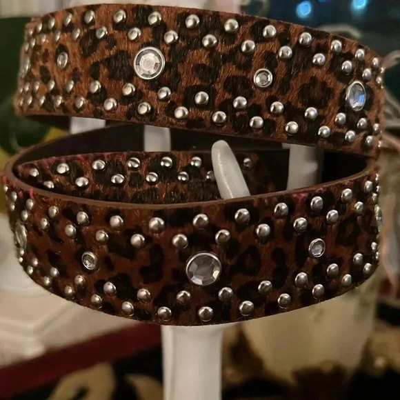 Women’s Animal Print Vegan Leather Belt Silver Buckle Rhinestone Stones Studs - Picture 3 of 16